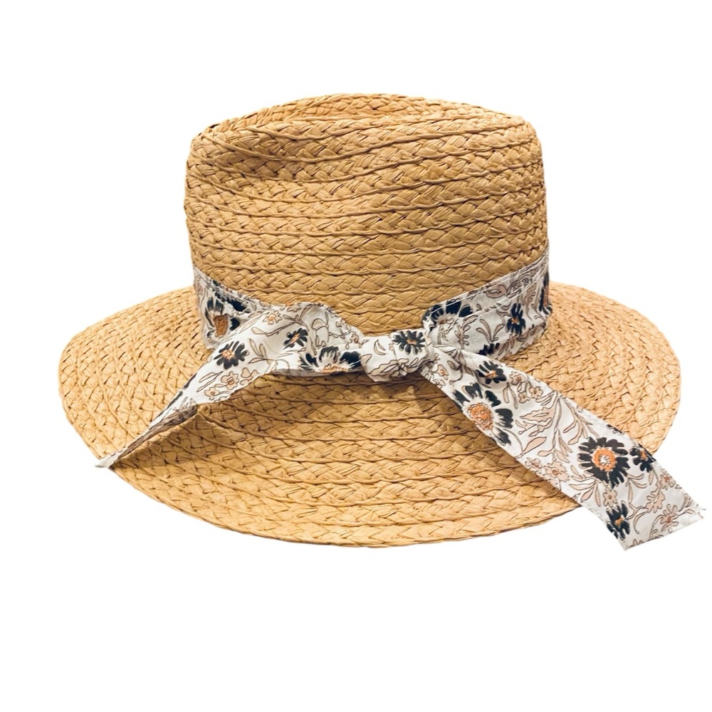 Women’s Tan Straw Sun Hat with Floral Ribbon O/S